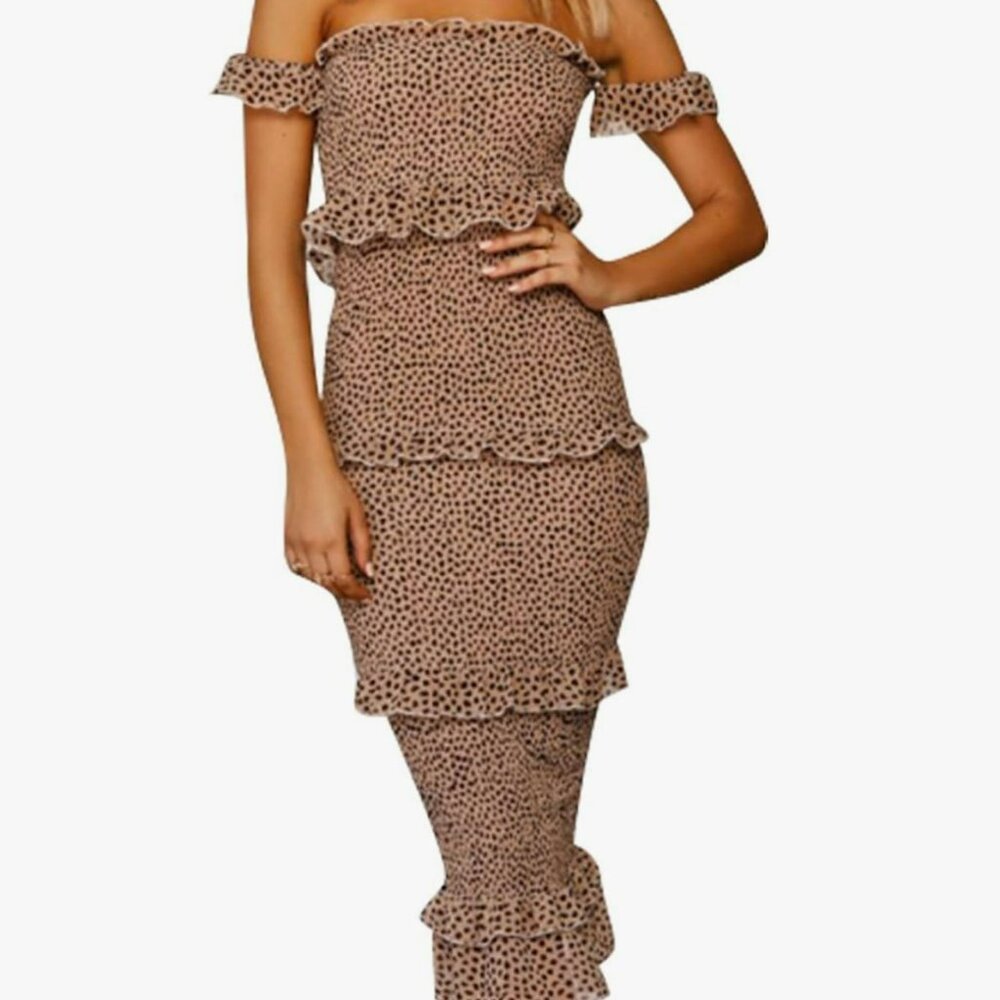 Off Shoulder Ruffle Tiered Bodycon Midi Leopard Dress - Size Small